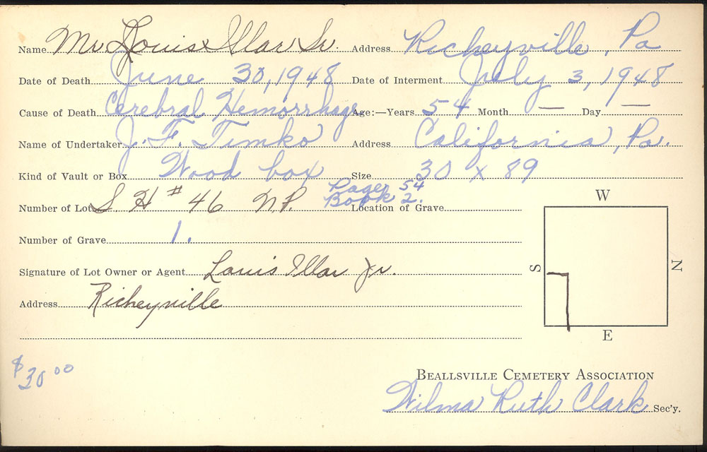 Illar Louis Sr. burial card